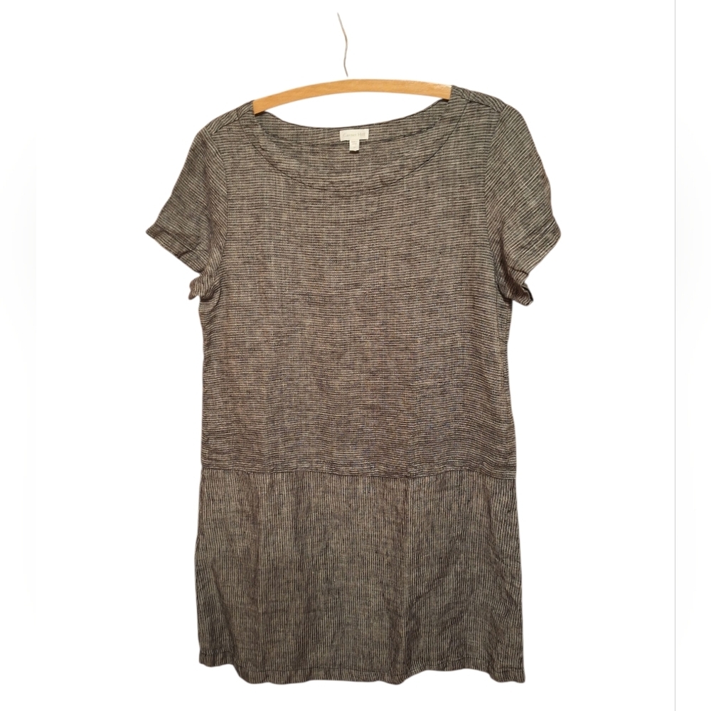 Garnet Hill 100% Linen Shift Dress Ladies 10 Short Sleeve Stripes Boho BEACH